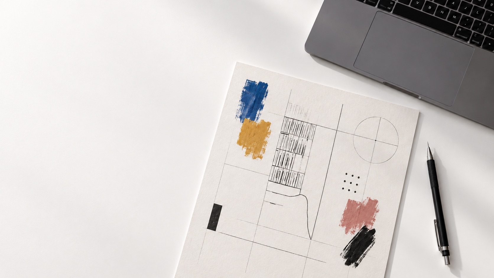 White worktable with a laptop, pen and an abstract research diagram
