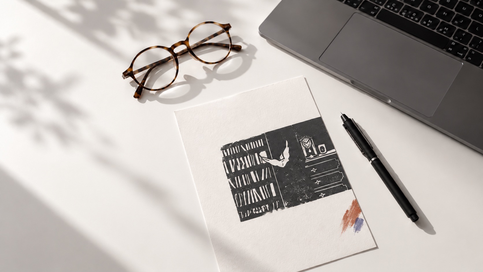 White worktable with a dark laptop, glasses, pen and a printed editorial study